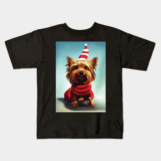 Christmas Yorkshire Terrier in a Festive hat and sweater Kids T-Shirt by Geminiartstudio